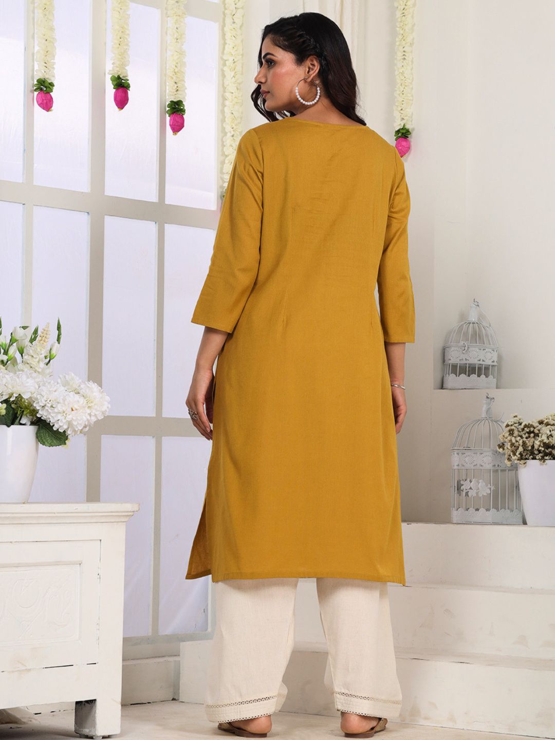 Caramel Mustard Embroidered Straight Fit Kurta
