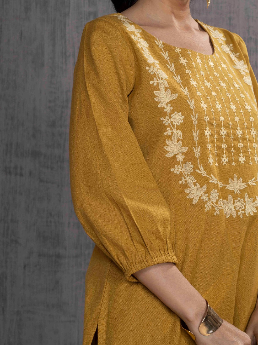 Caramel Mustard Tonal Embroidered Straight Kurta Palazzo Set