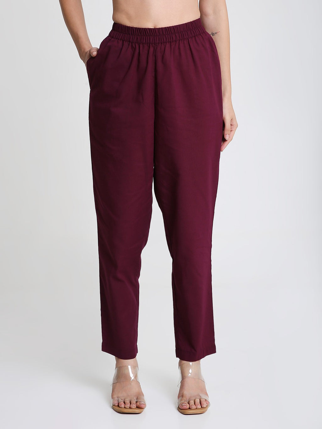 Wine Cotton Straight Fit Slip-on Trouser
