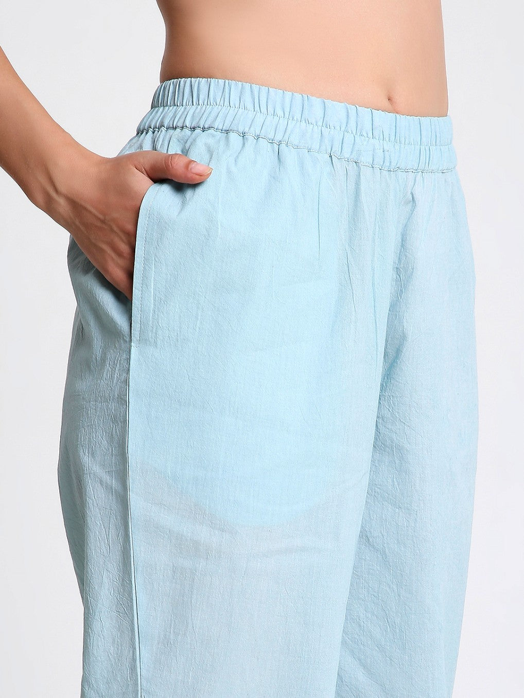 Light Blue Cotton Straight Fit Slip-on Trouser