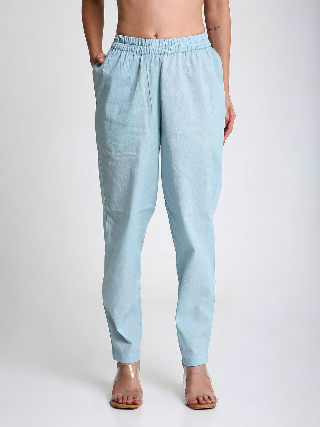 Light Blue Cotton Straight Fit Slip-on Trouser