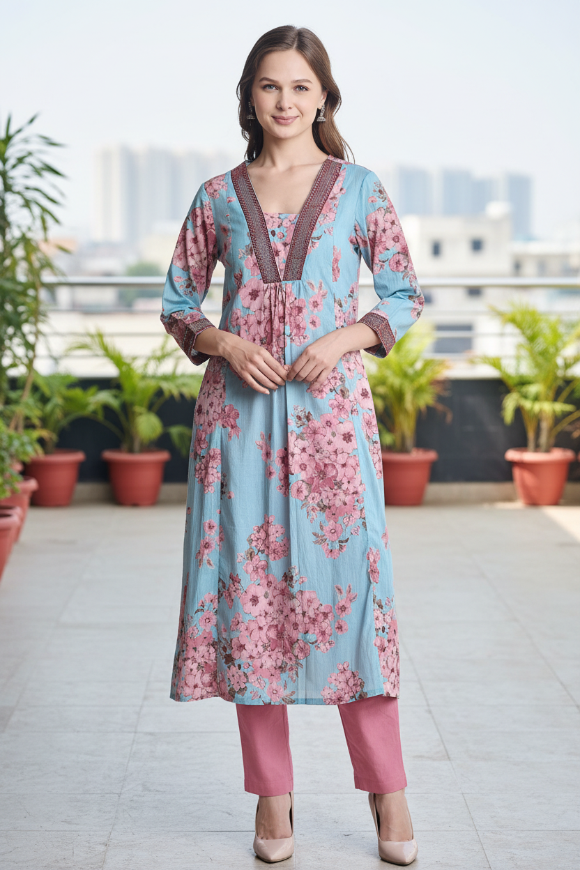 Blue Cotton V-Neck Floral Print Kurta with Neck & Sleeve Embroidery