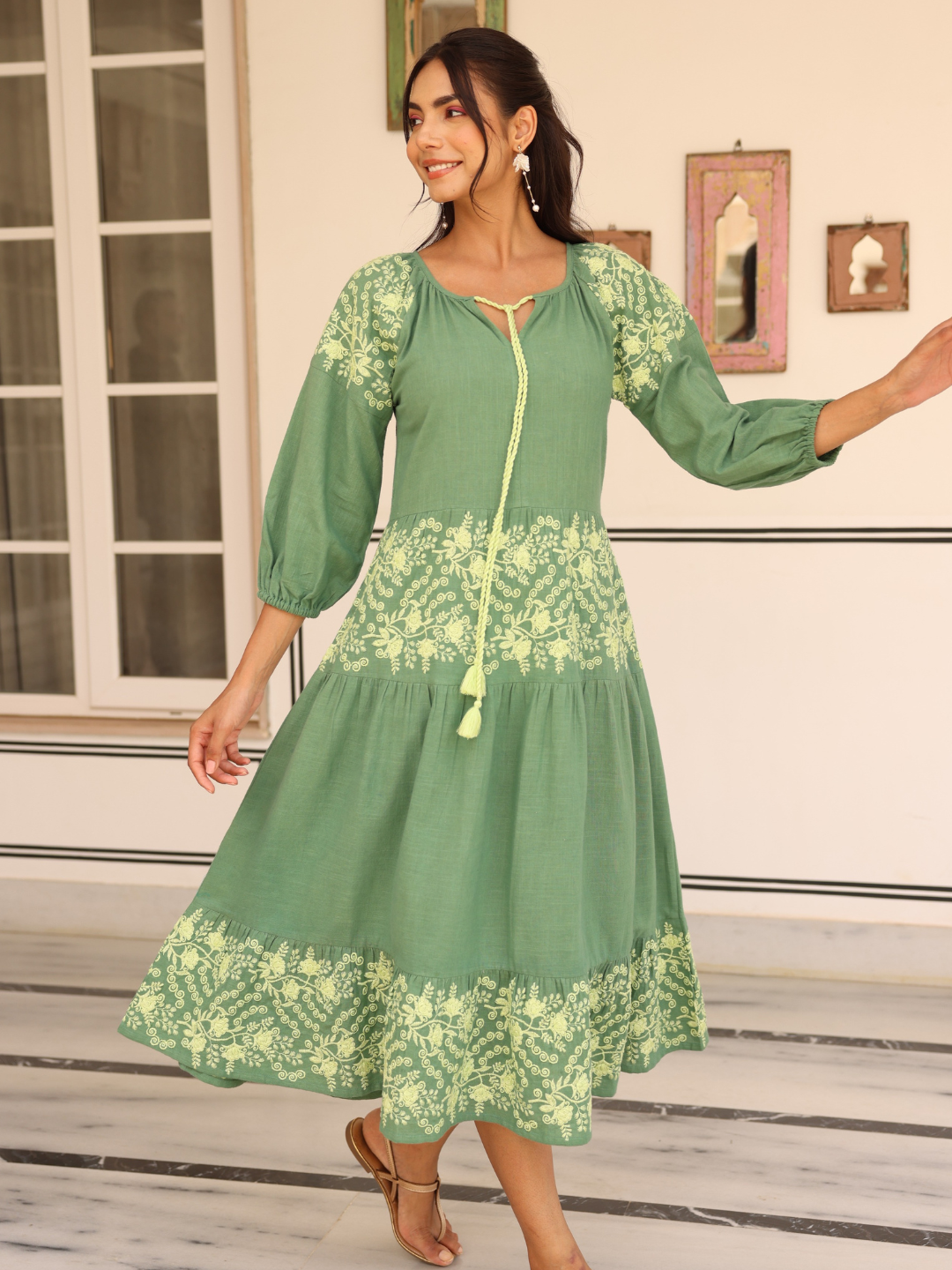 Green Cotton Linen Embroidered Dress with Neck Tie-up