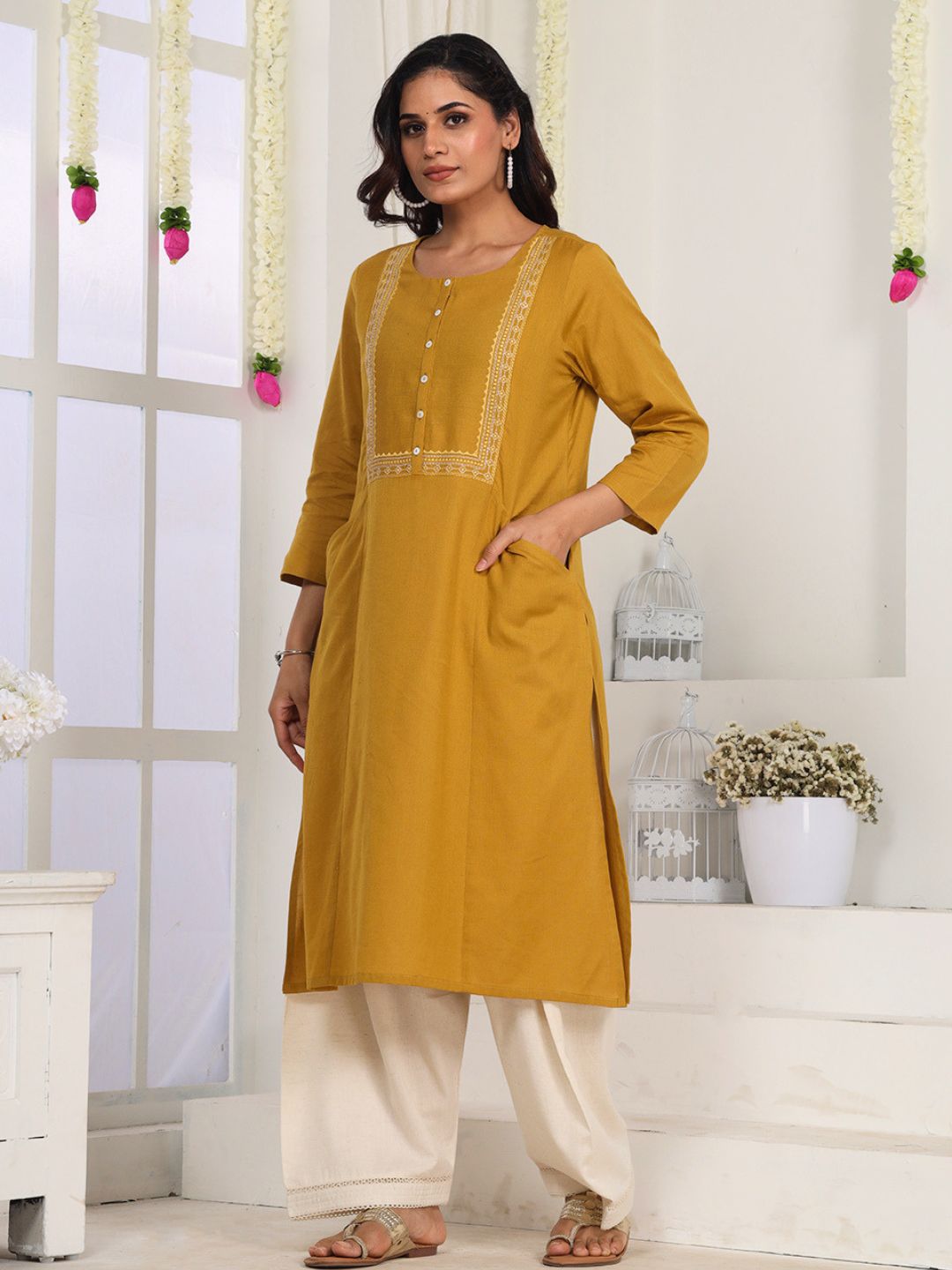Caramel Mustard Embroidered Straight Fit Kurta
