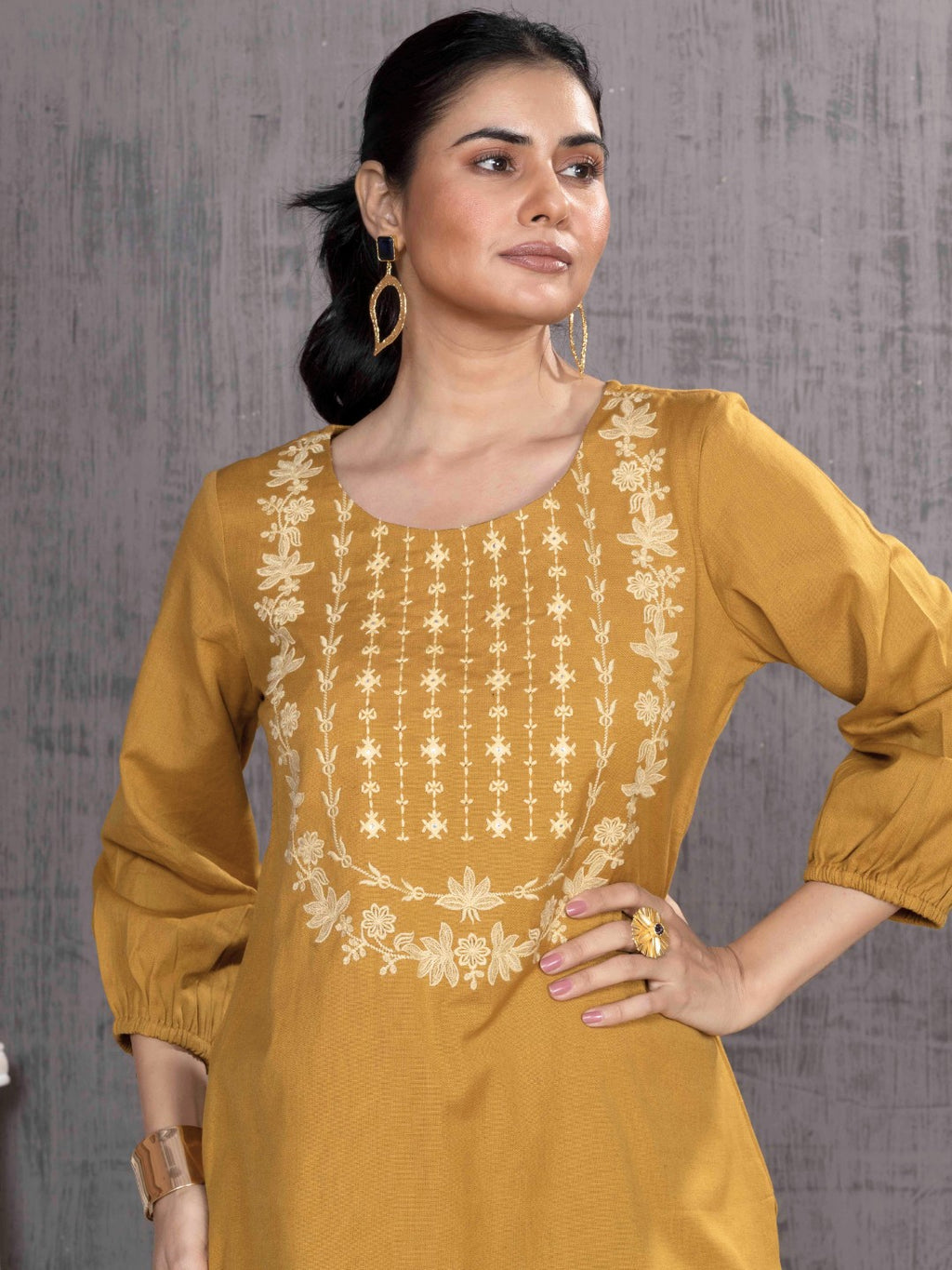 Caramel Mustard Tonal Embroidered Straight Kurta Palazzo Set