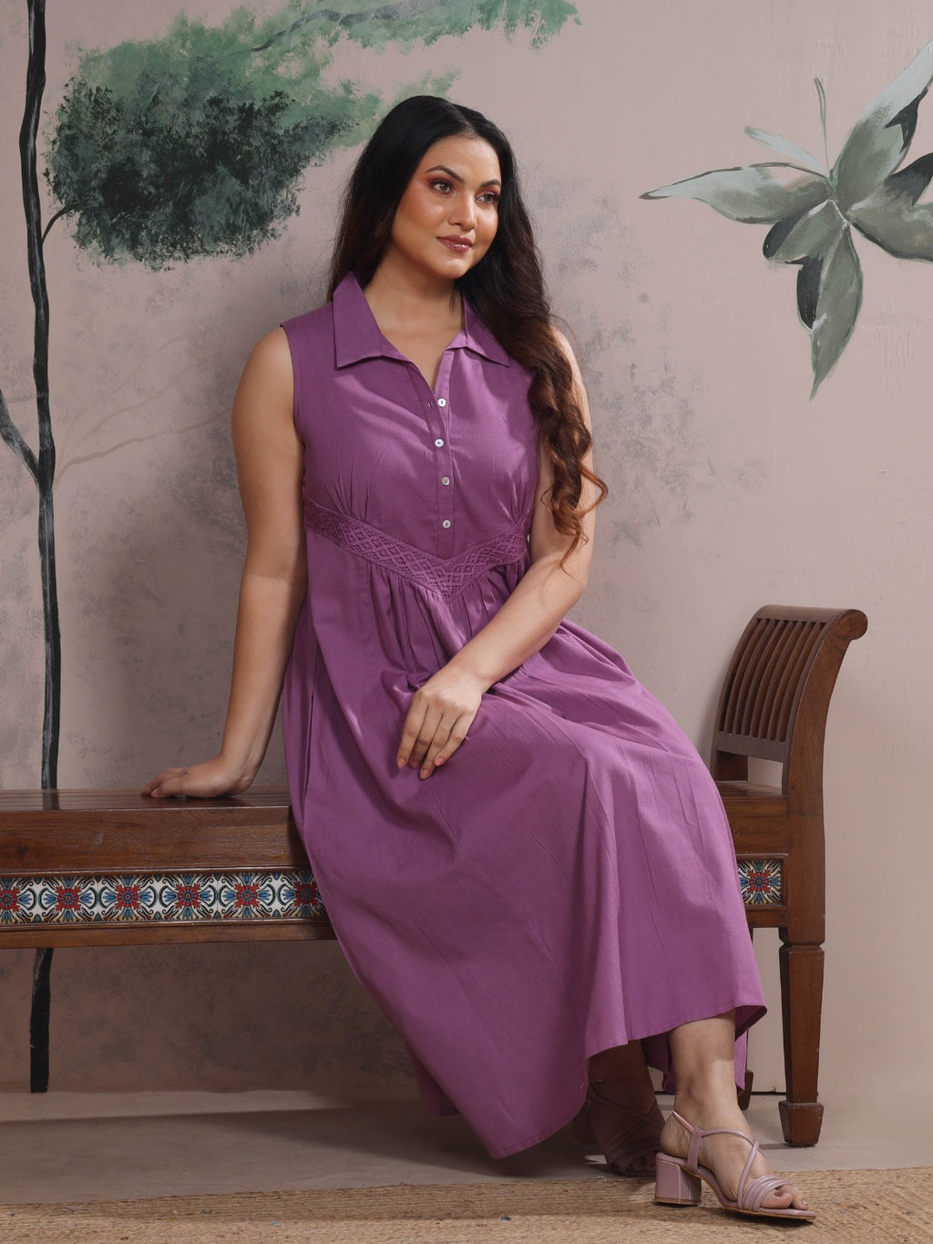 Mauve Sleeveless Cotton Linen Dress with Collar & Lace Panel