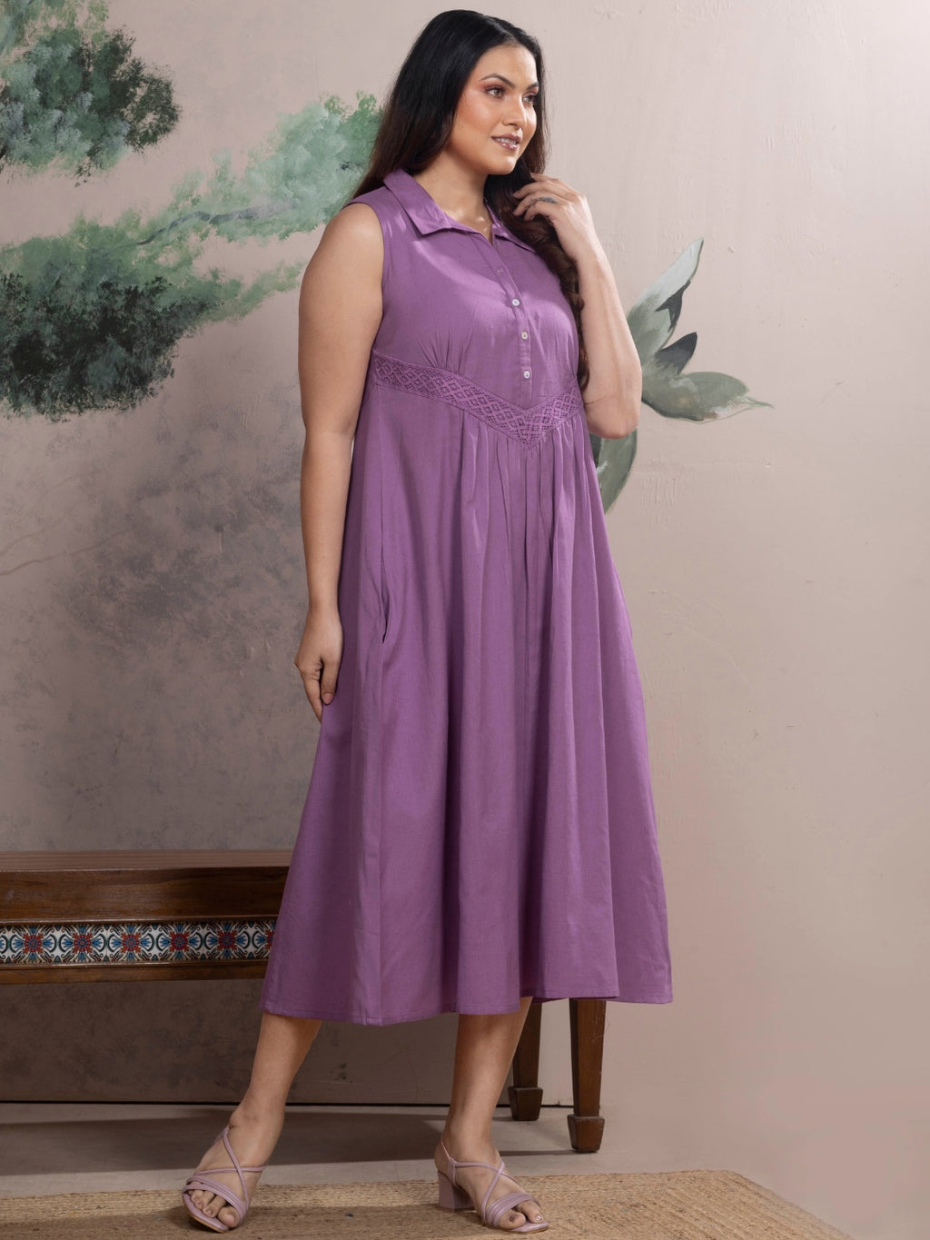 Mauve Sleeveless Cotton Linen Dress with Collar & Lace Panel