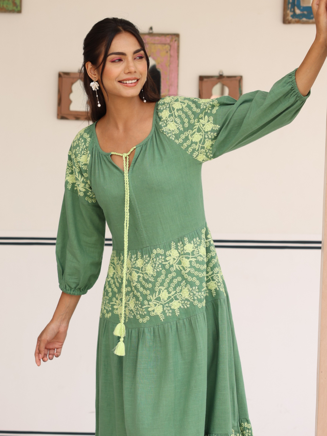 Green Cotton Linen Embroidered Dress with Neck Tie-up