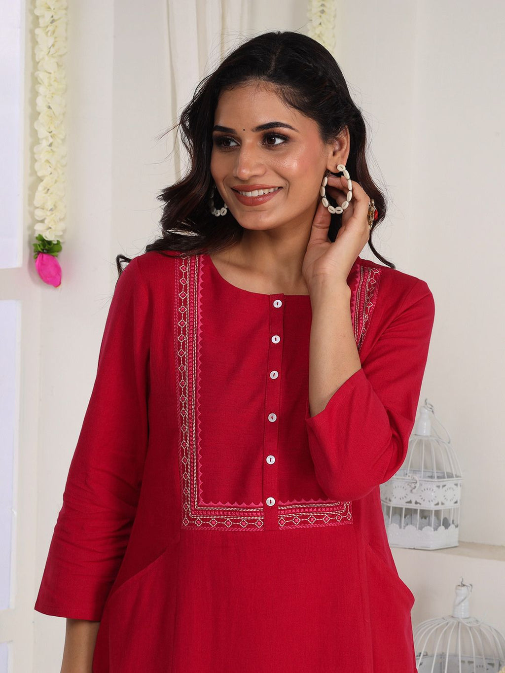 Fuschia Pink Embroidered Straight Fit Kurta