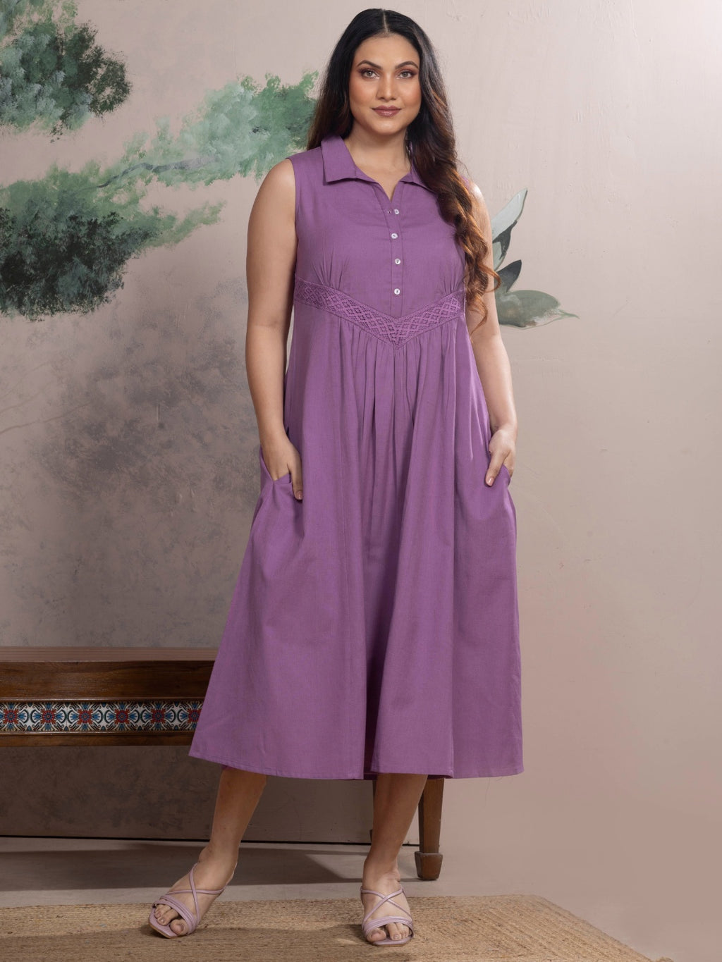 Mauve Sleeveless Cotton Linen Dress with Collar & Lace Panel