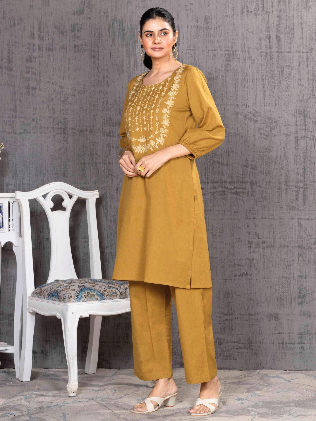 Caramel Mustard Tonal Embroidered Straight Kurta Palazzo Set