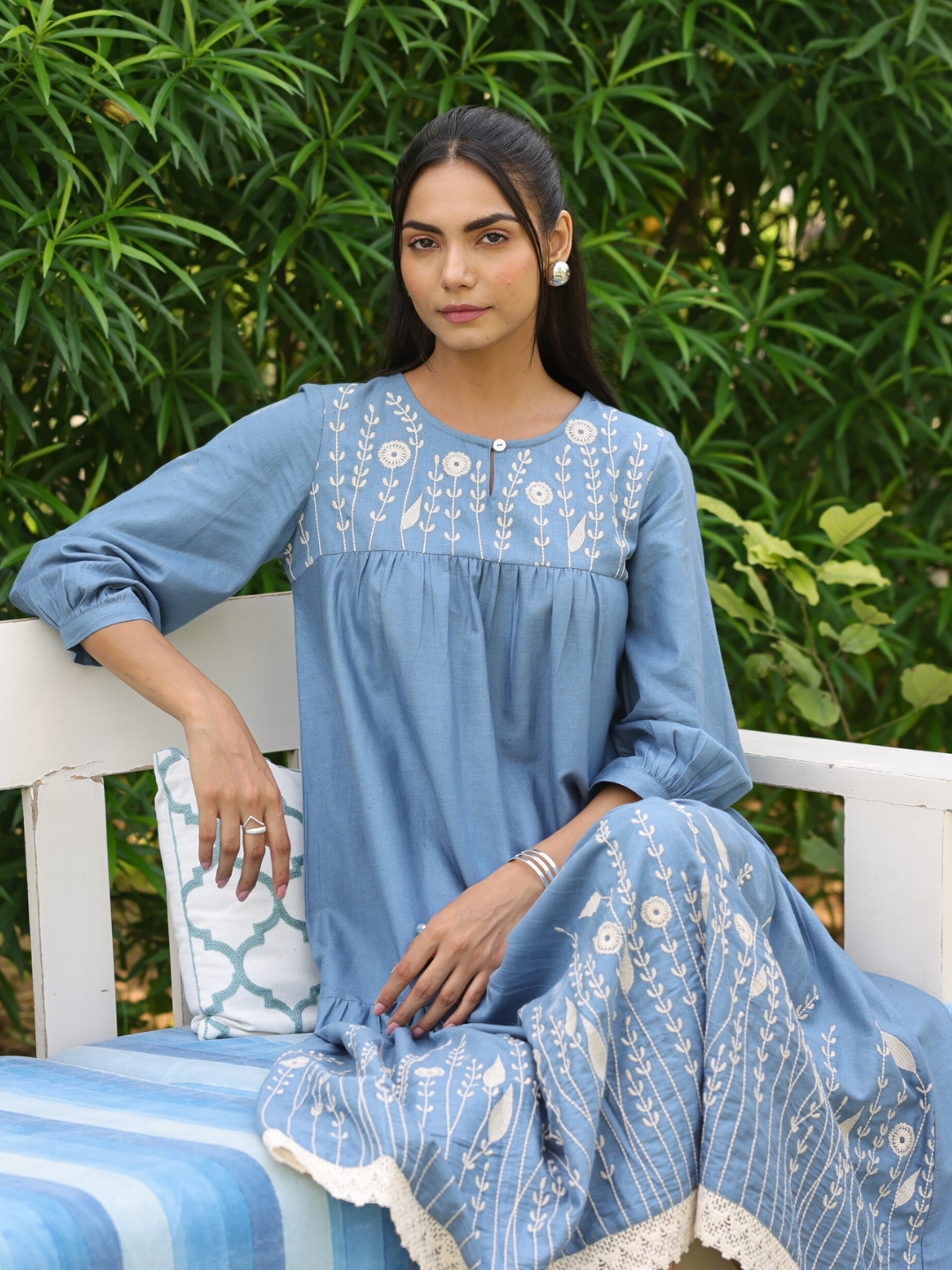 Blue Cotton Linen Embroidered Dress with Lace