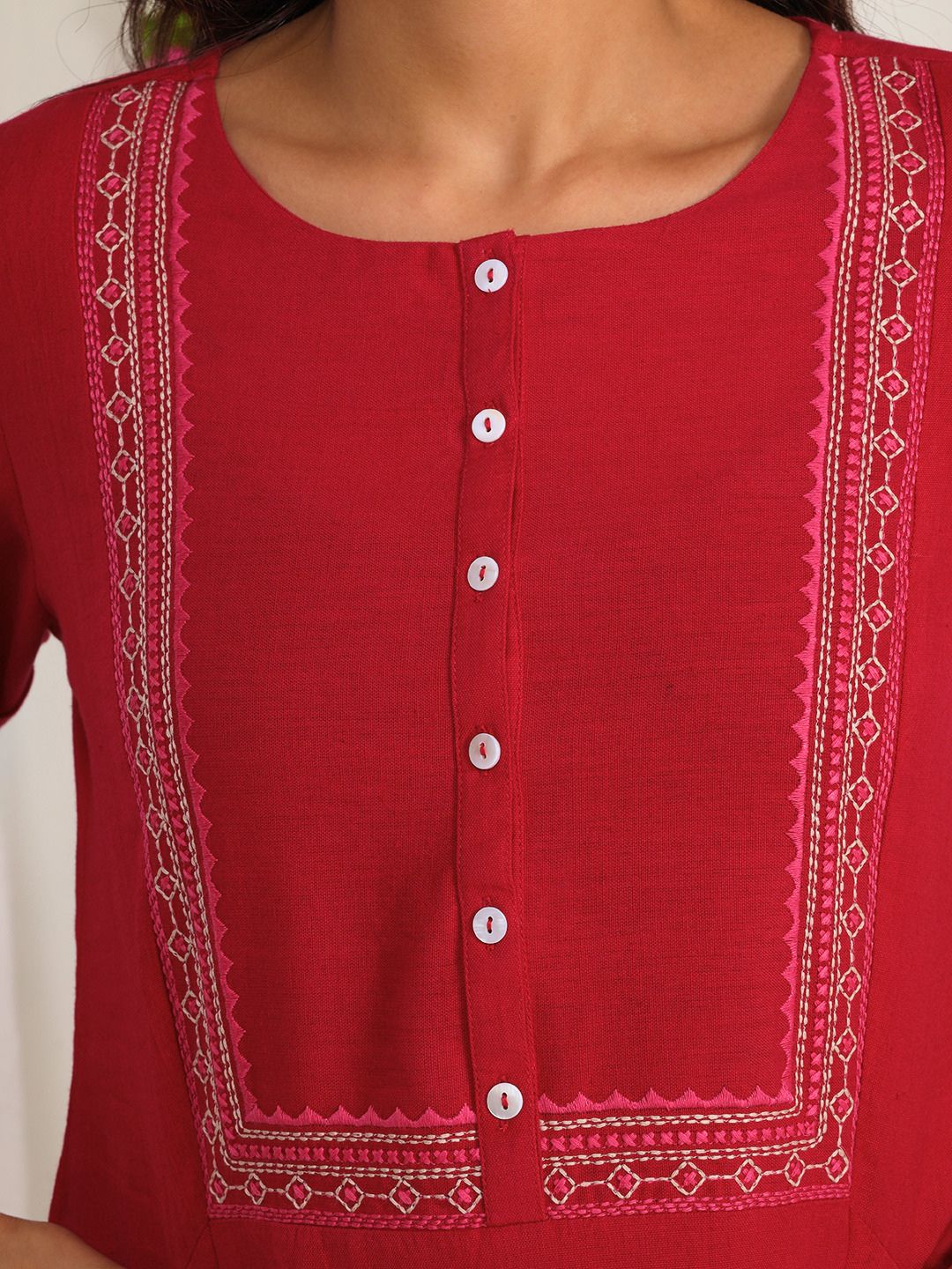 Fuschia Pink Embroidered Straight Fit Kurta