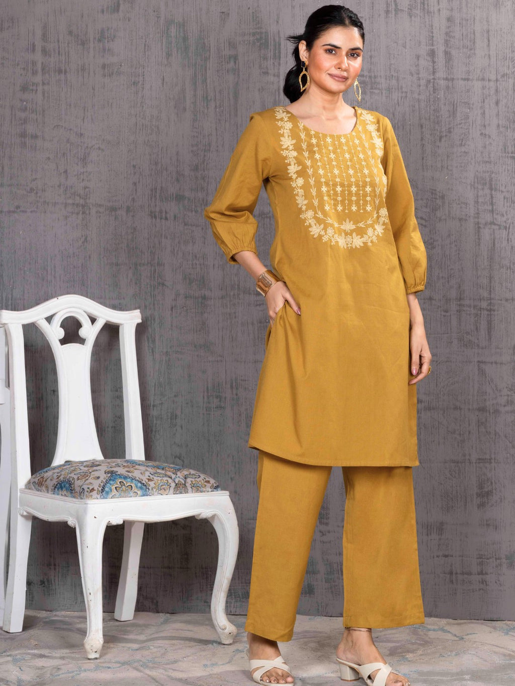 Caramel Mustard Tonal Embroidered Straight Kurta Palazzo Set