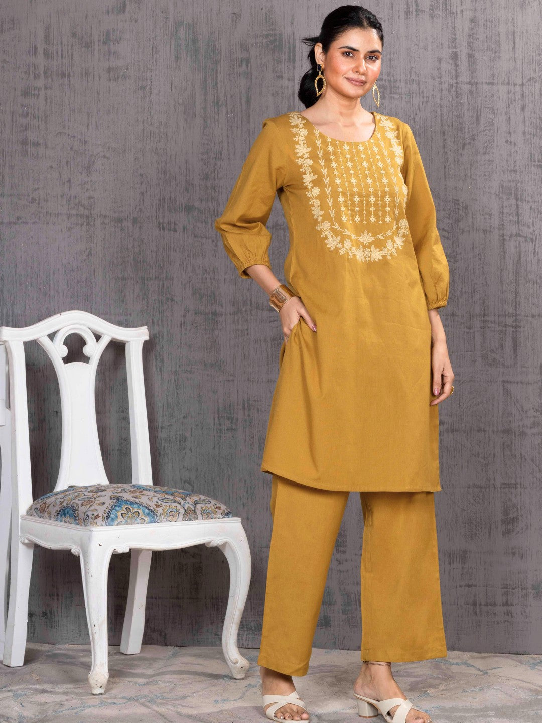Caramel Mustard Tonal Embroidered Straight Kurta Palazzo Set