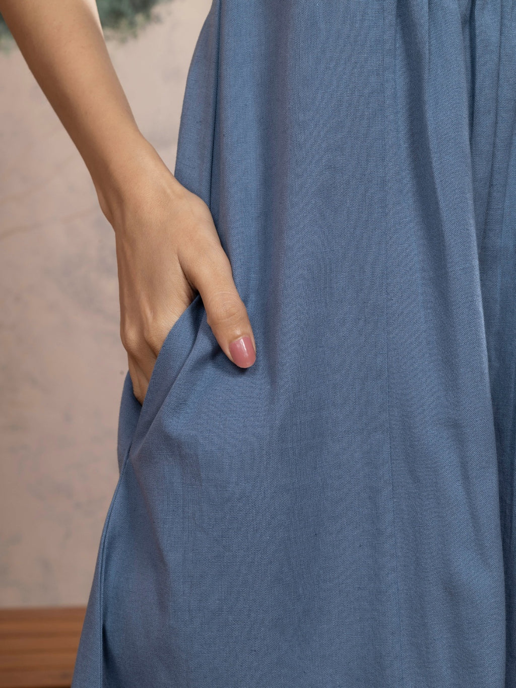 Dusty Blue Sleeveless Cotton Dress with Collar & Lace Panel