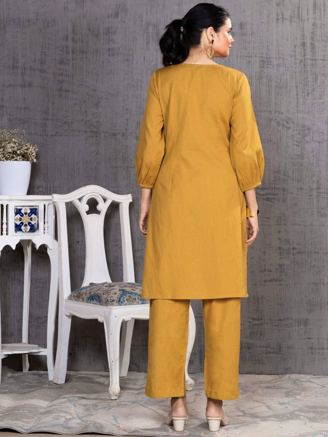 Caramel Mustard Tonal Embroidered Straight Kurta Palazzo Set