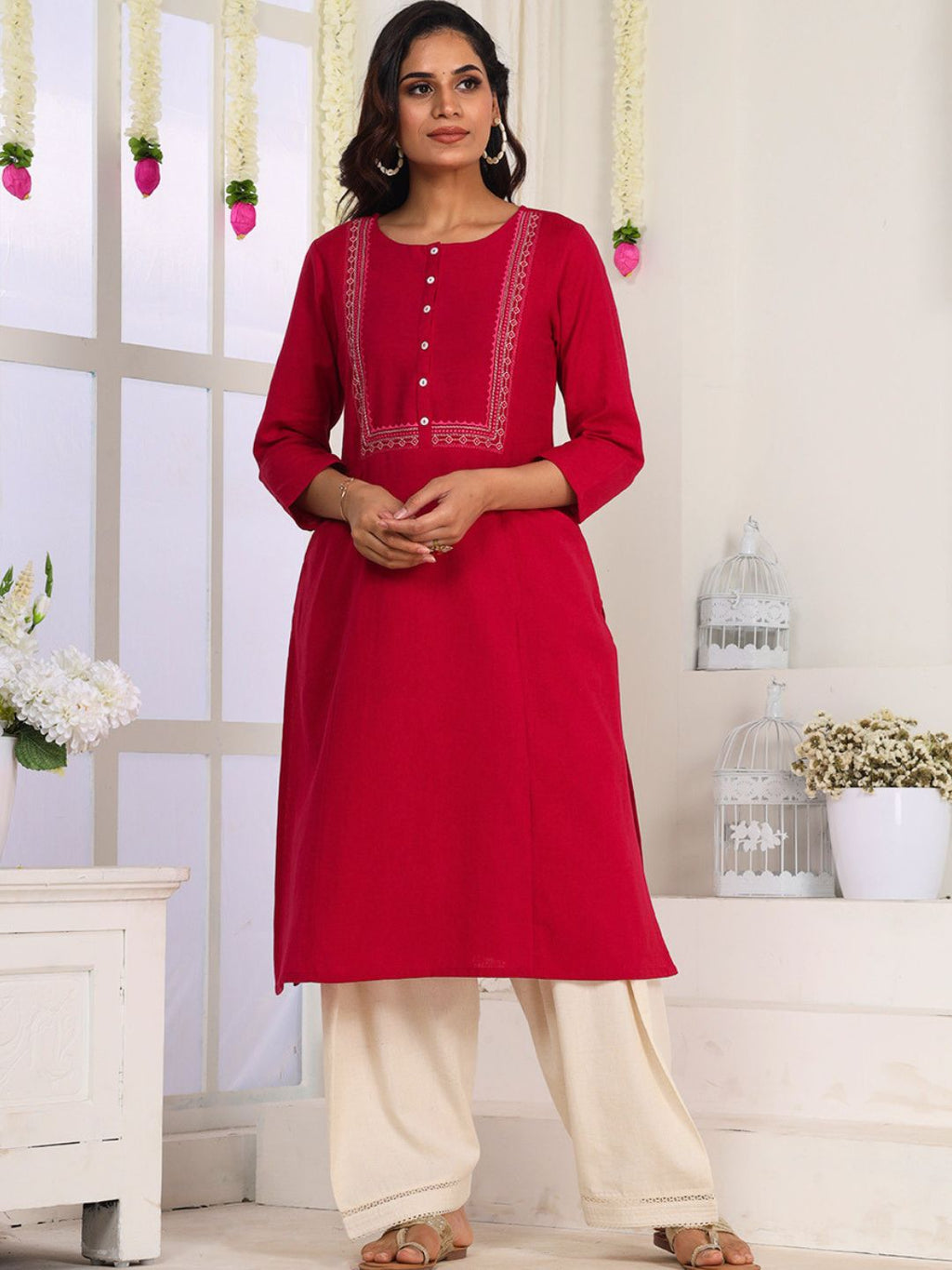 Fuschia Pink Embroidered Straight Fit Kurta
