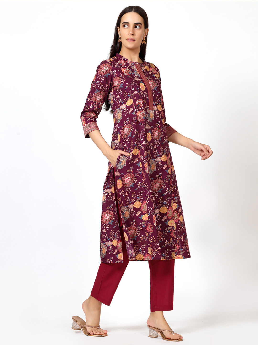 Wine Floral Print Cotton Kurta with Brocade Lace