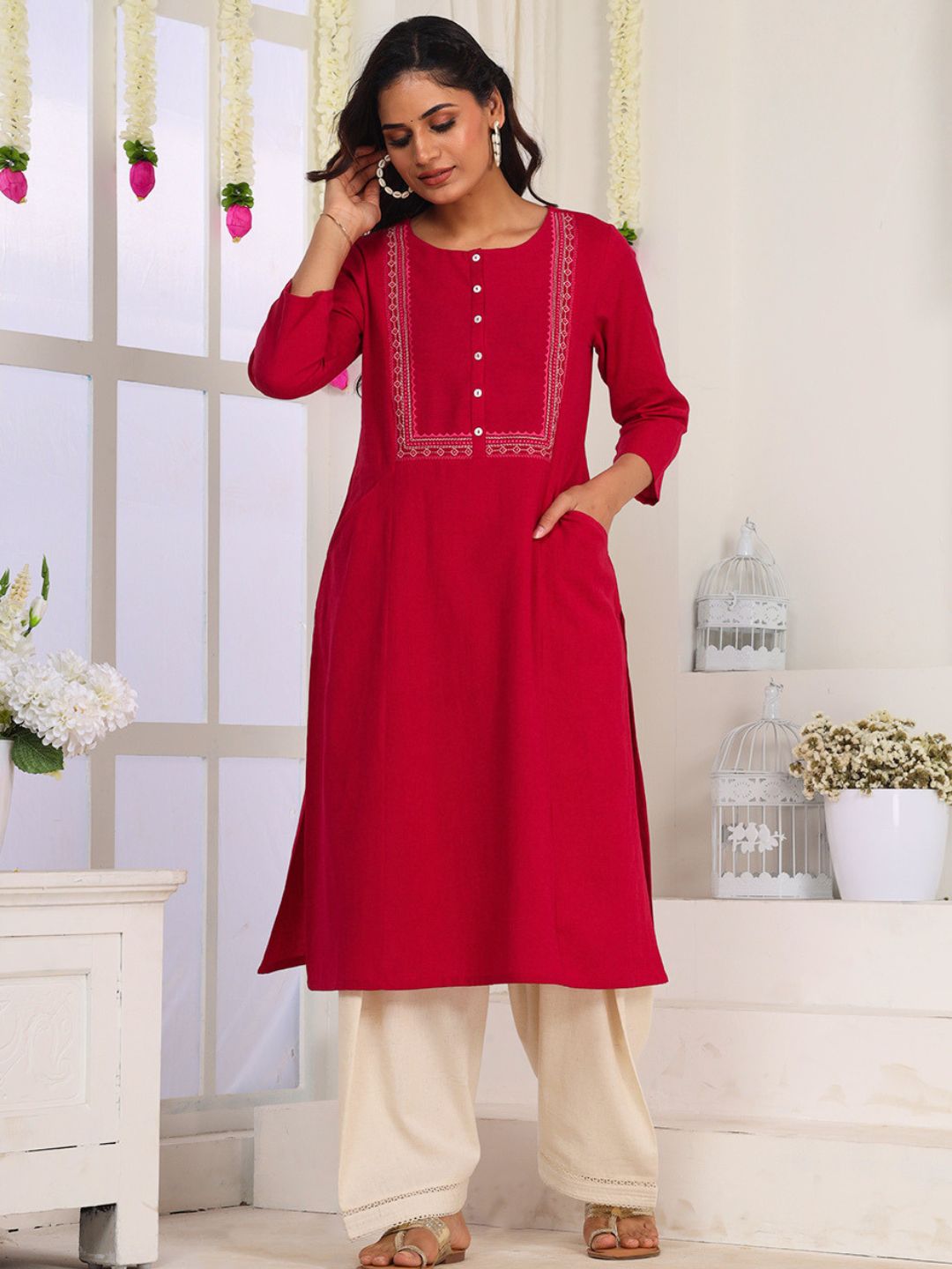 Fuschia Pink Embroidered Straight Fit Kurta