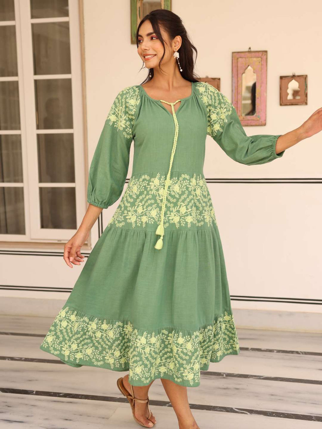 Green Cotton Linen Embroidered Dress with Neck Tie-up Saffron Threads Green Cotton Linen Embroidered Dress with Neck Tie-up Saffron Threads