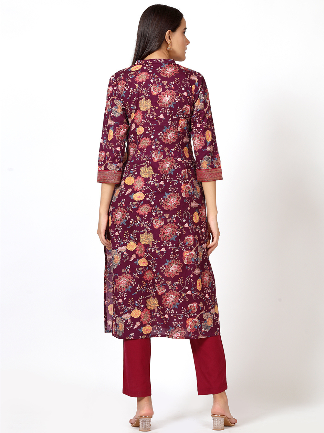 Wine Floral Print Cotton Kurta with Brocade Lace