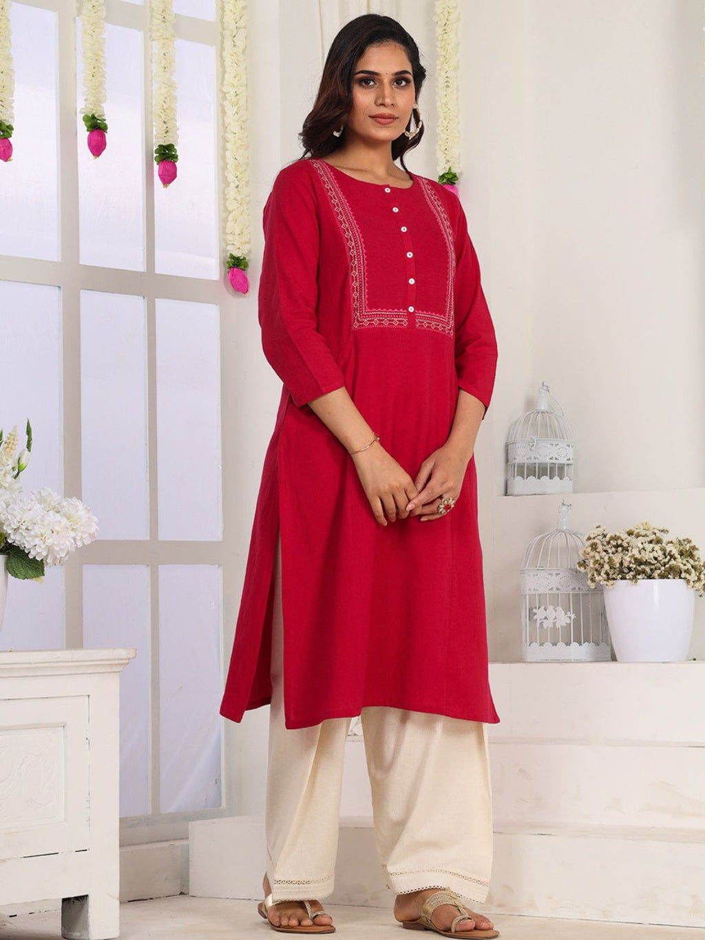 Fuschia Pink Embroidered Straight Fit Kurta