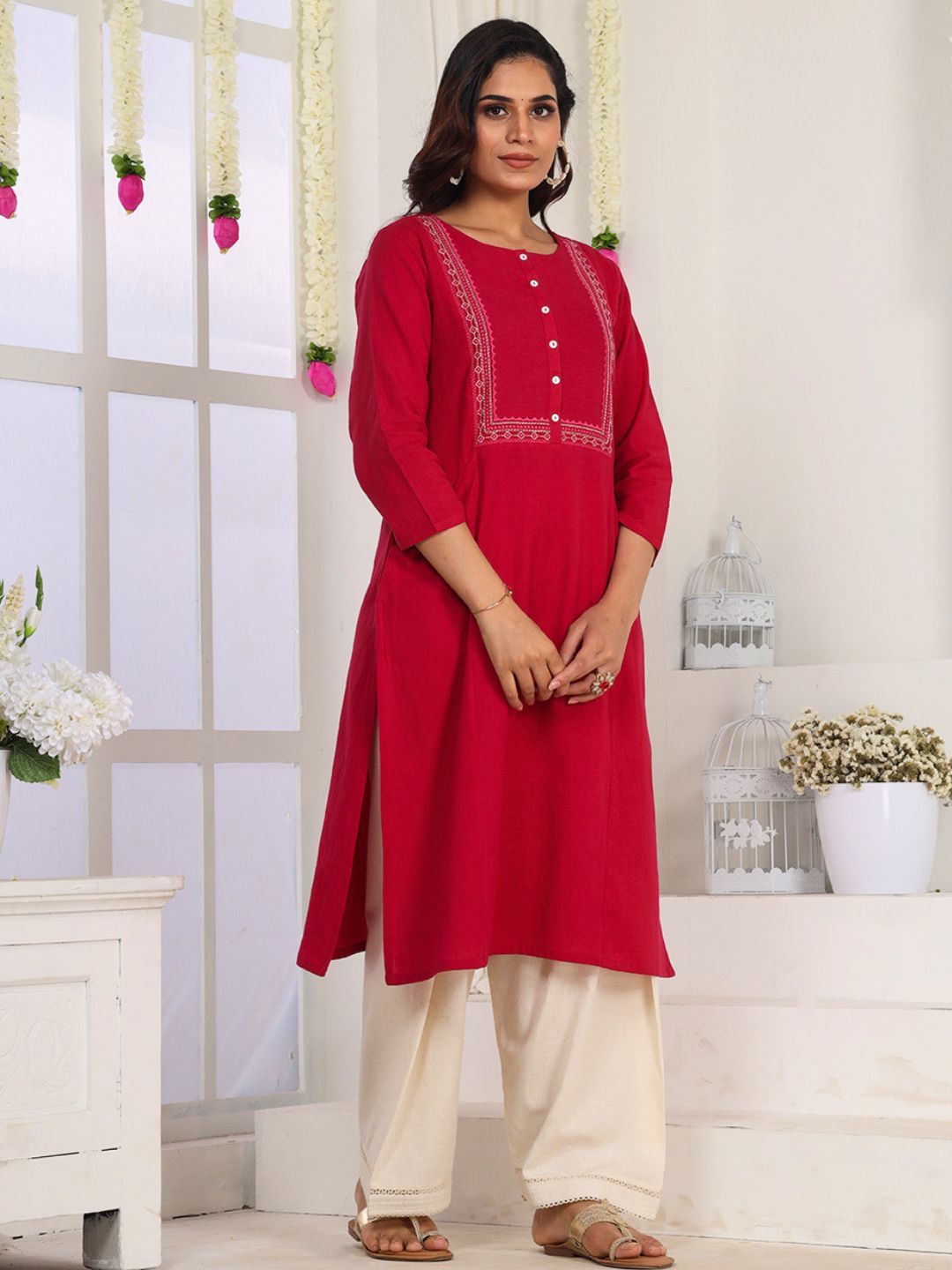 Fuschia Pink Embroidered Straight Fit Kurta