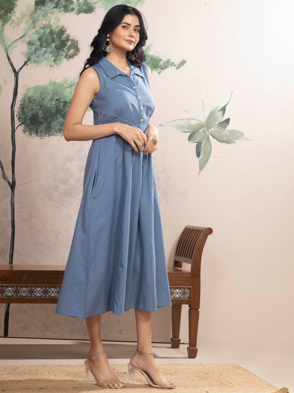 Dusty Blue Sleeveless Cotton Dress with Collar & Lace Panel