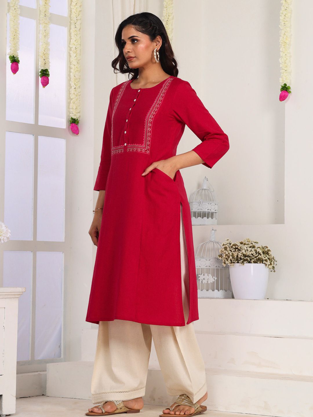 Fuschia Pink Embroidered Straight Fit Kurta