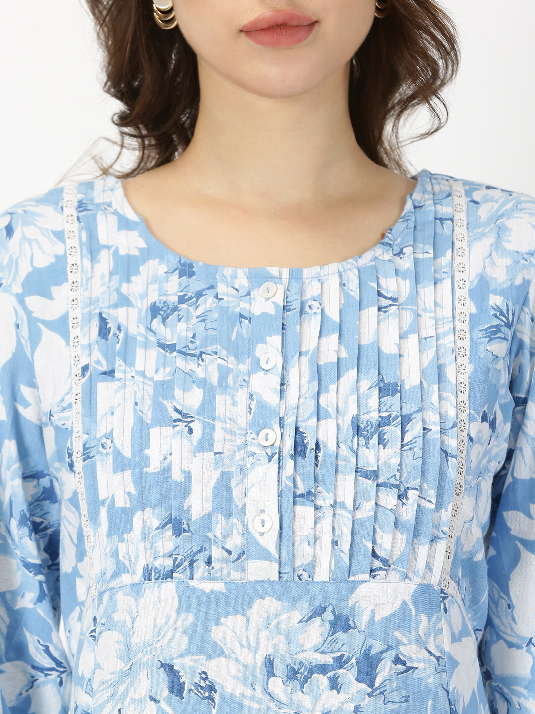 Blue Floral Print Midi Dress with Pintucks
