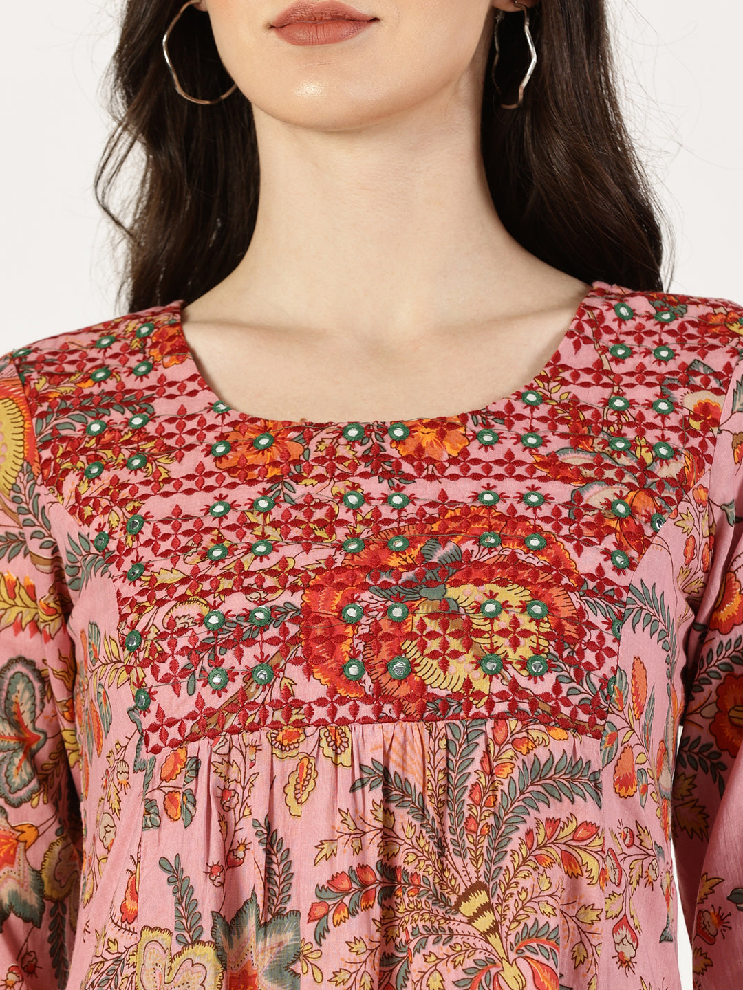 Pink Floral Print Kurta with Neck Embroidery