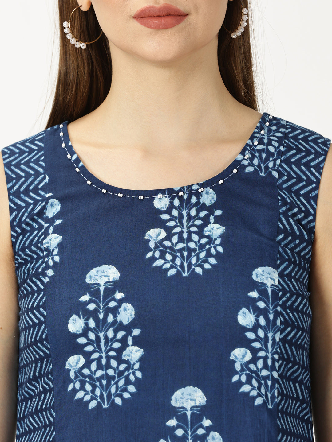 Navy Blue Ethnic Motifs Panelled Printed Cotton Dress