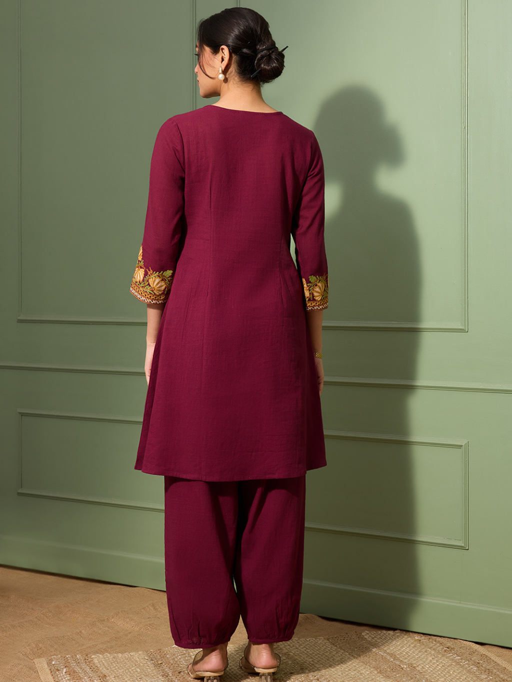 Merlot Wine Kashida Embroidered A-Line Cotton Kurta Set with Afghani Salwar