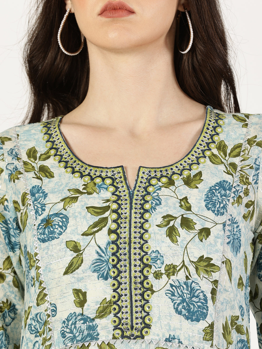 Blue Floral Print Kurta with Yoke Embroidery