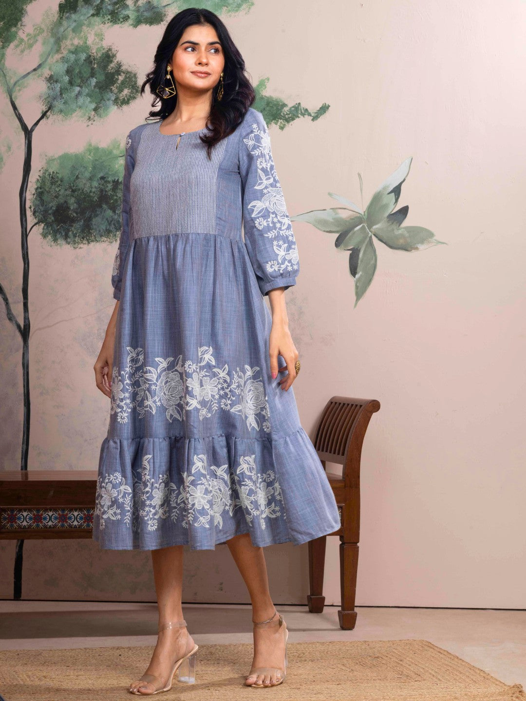 Shadow Blue Chambray Floral Embroidered Tiered Dress