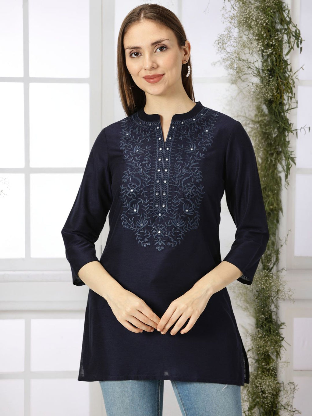 Navy Blue Raw Art Silk Embroidered Neck Tunic with Mirror Accents