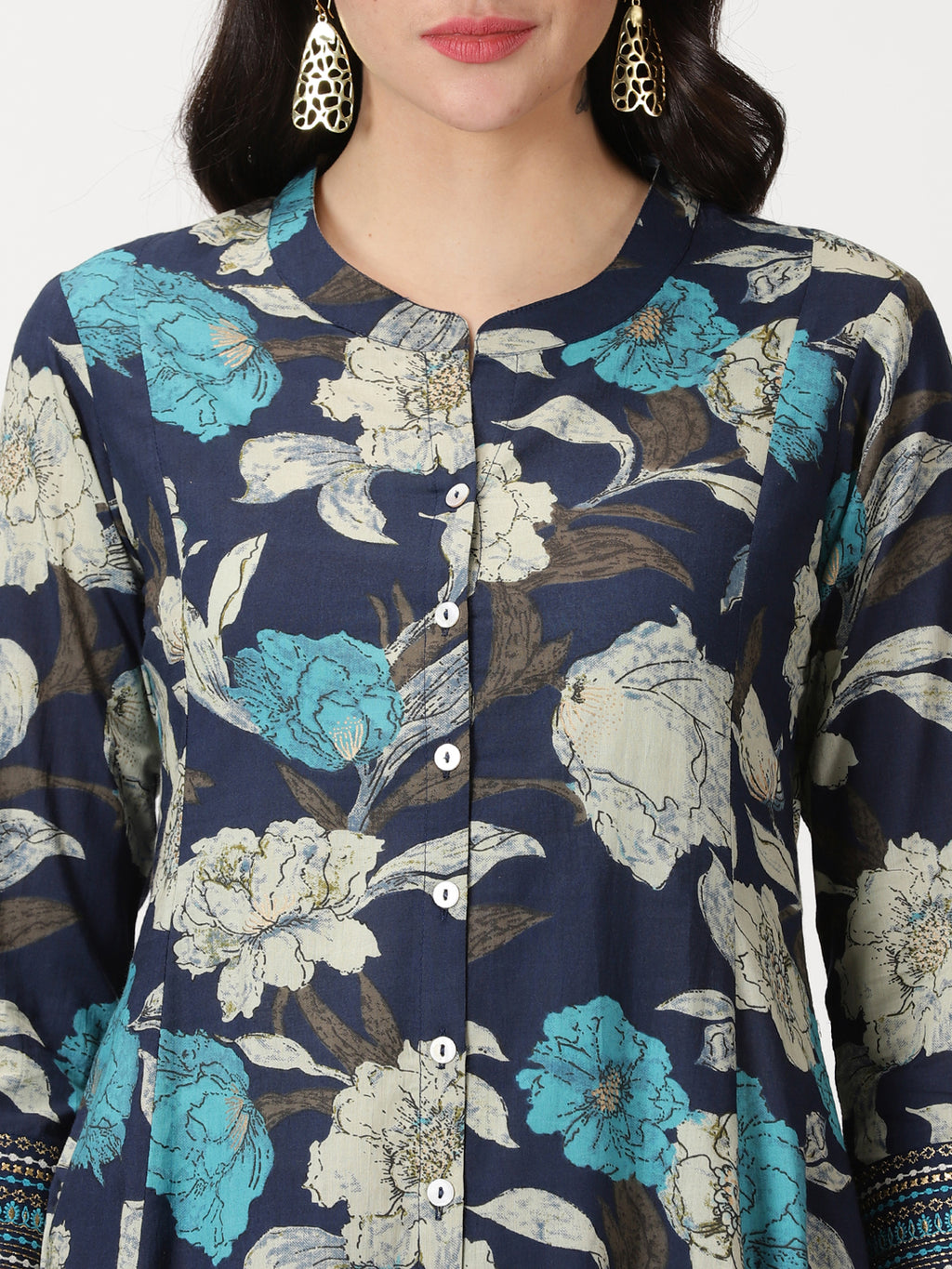 Navy Blue Floral Print Button-Down Kurta