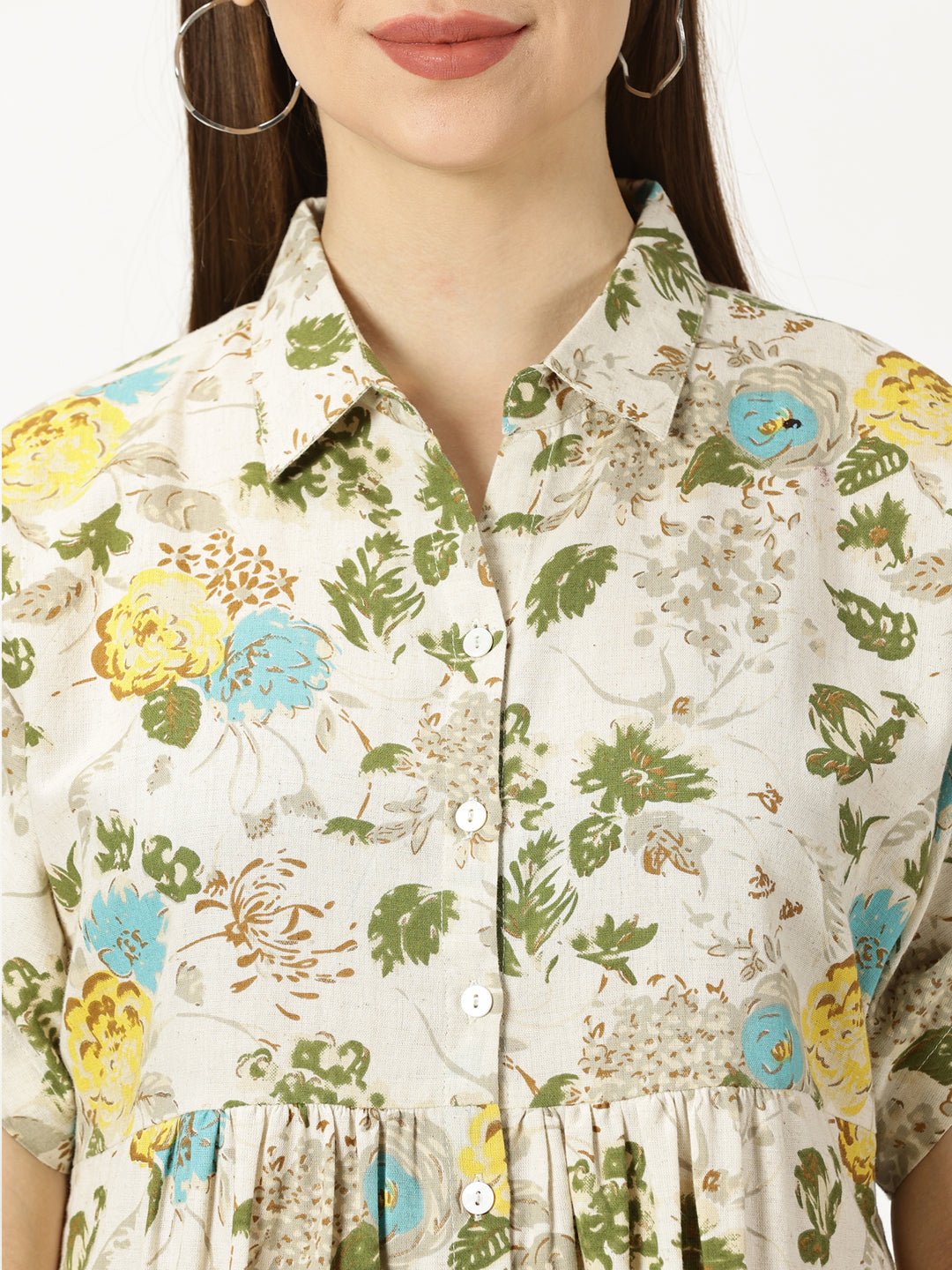 Turquoise Floral Printed Cotton Flax Dress with Shirt Collar