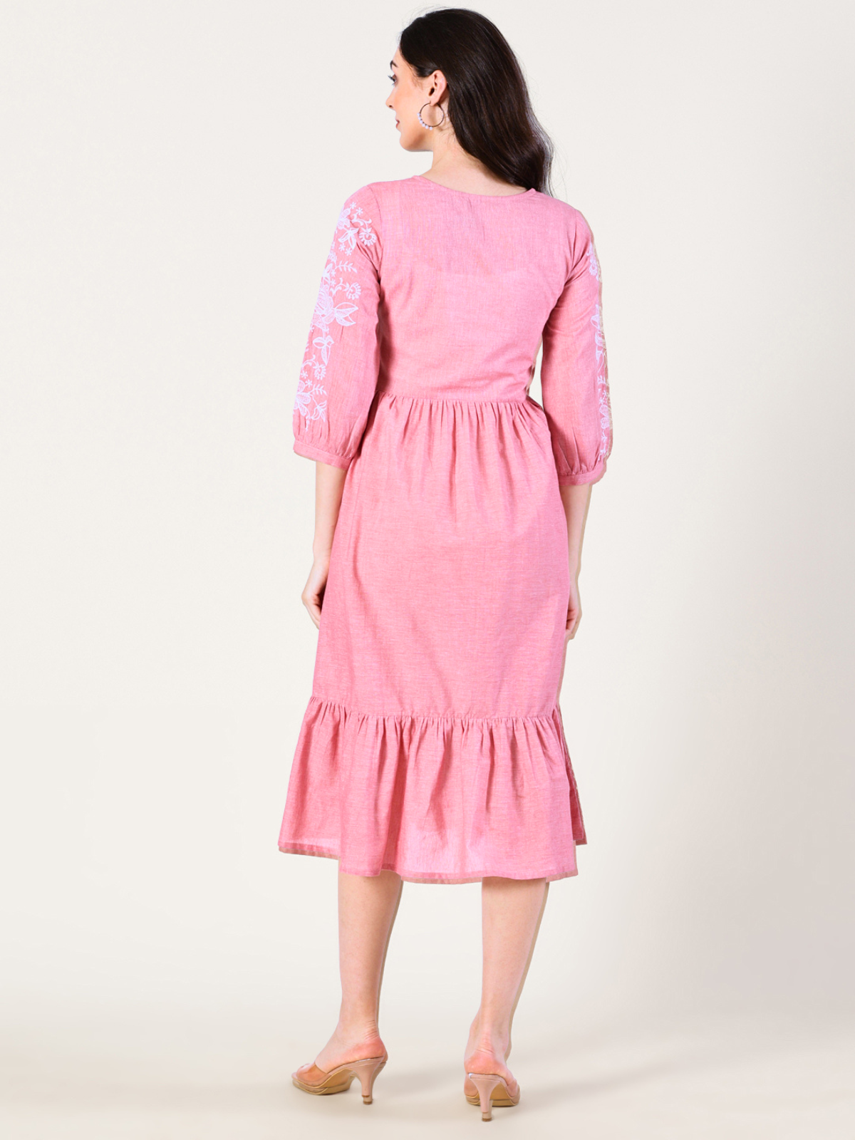 Pink Cotton Tiered Embroidered Dress