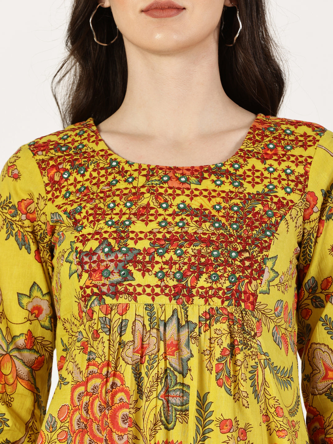 Mustard Floral Print Kurta with Neck Embroidery