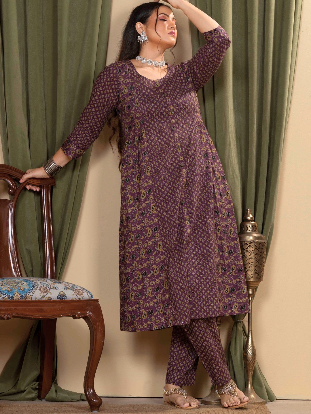 Heritage Plum Printed A-Line Cotton Kurta