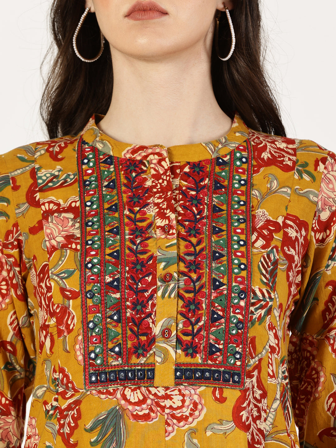 Mustard Cotton Printed Kurta with Embroidered Neck and Mirror Work