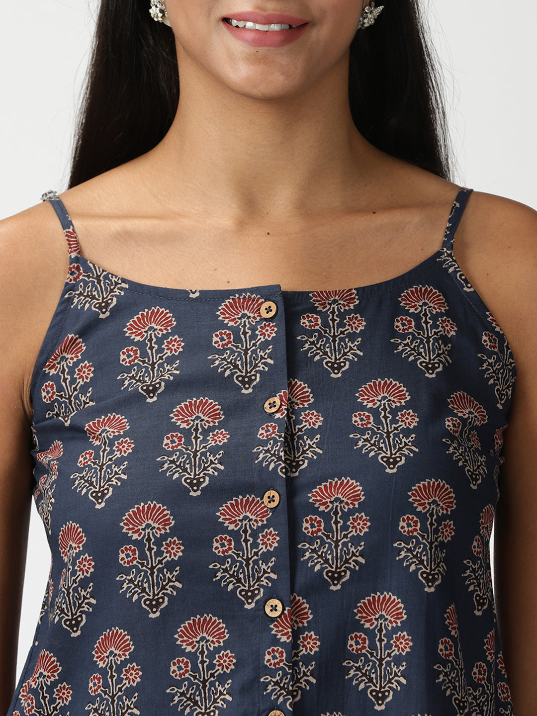Navy Blue Dahlia Print Button-Down Strappy Top