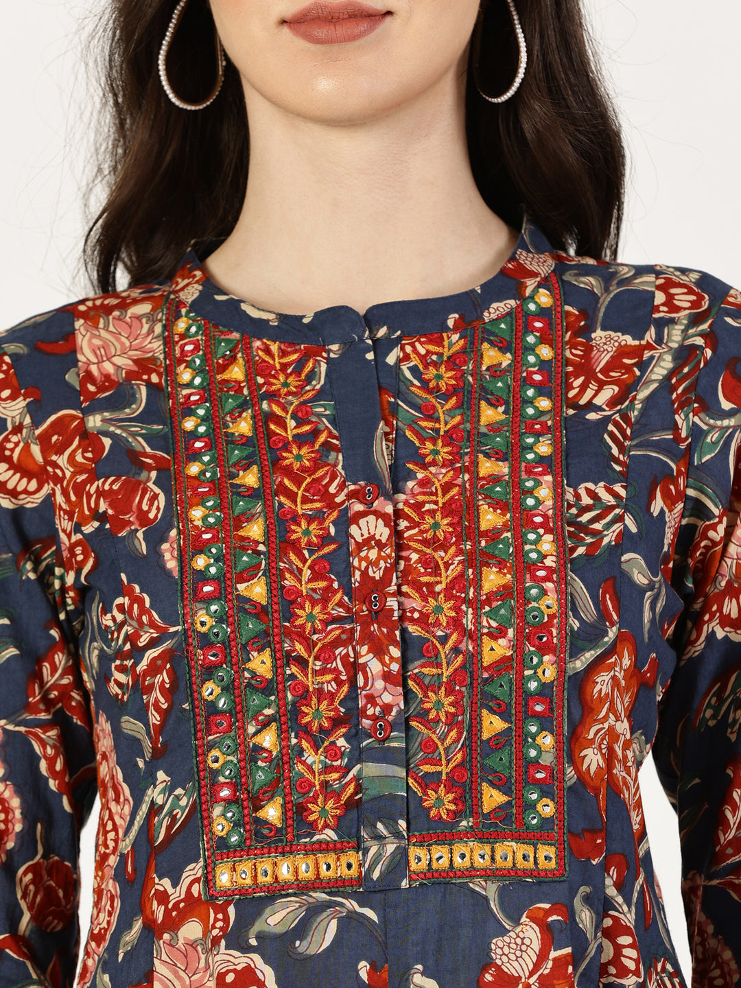 Blue Cotton Printed Kurta with Embroidered Neck and Mirror Work