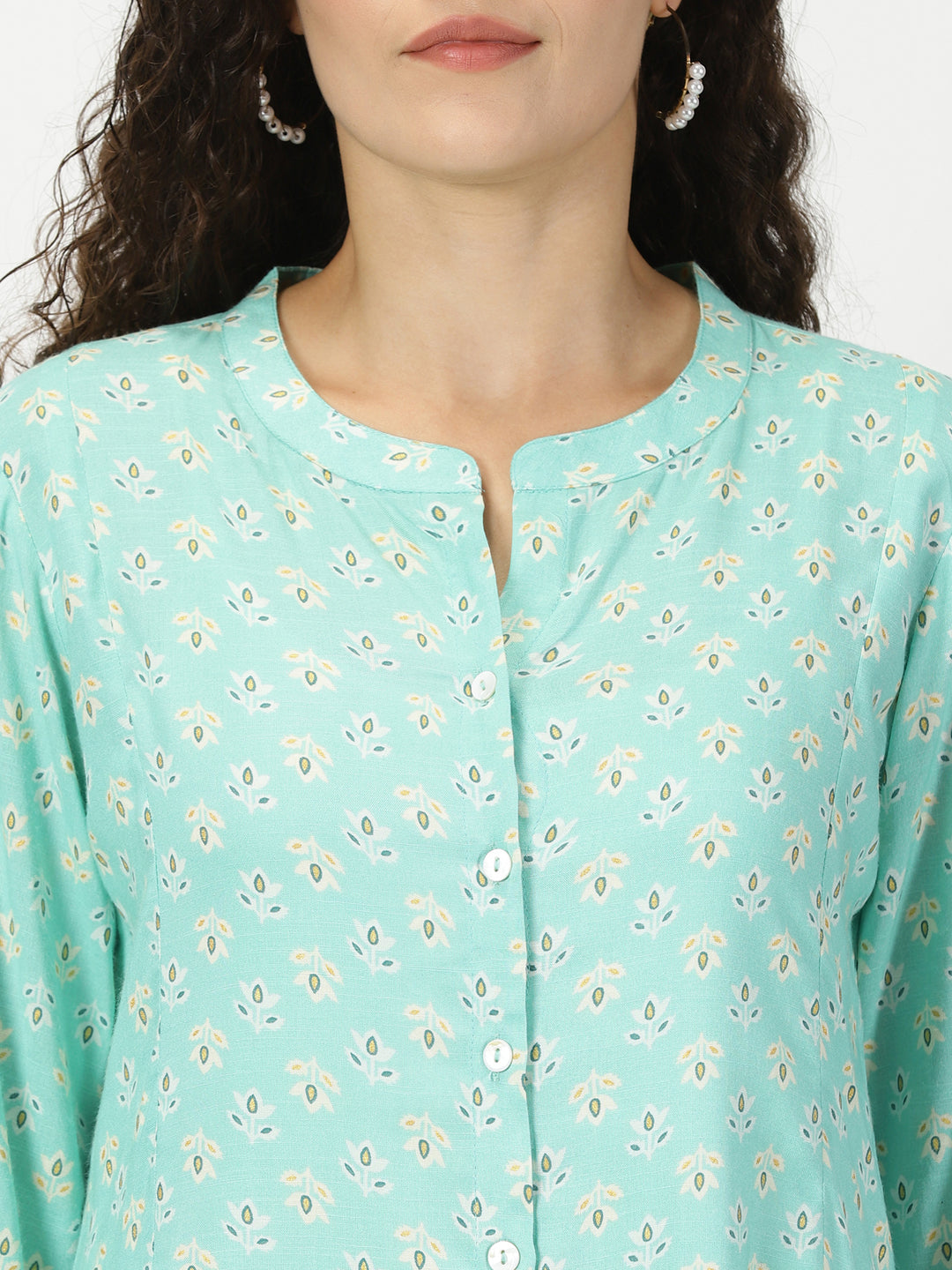 Sea Green Floral Print Button-Down Kurta with Embroidery Border