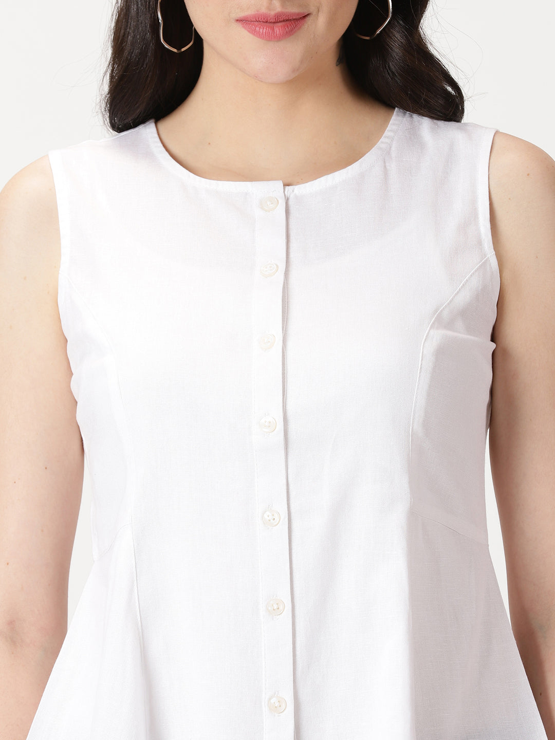 White Cotton Linen Button-Down A-Line Top
