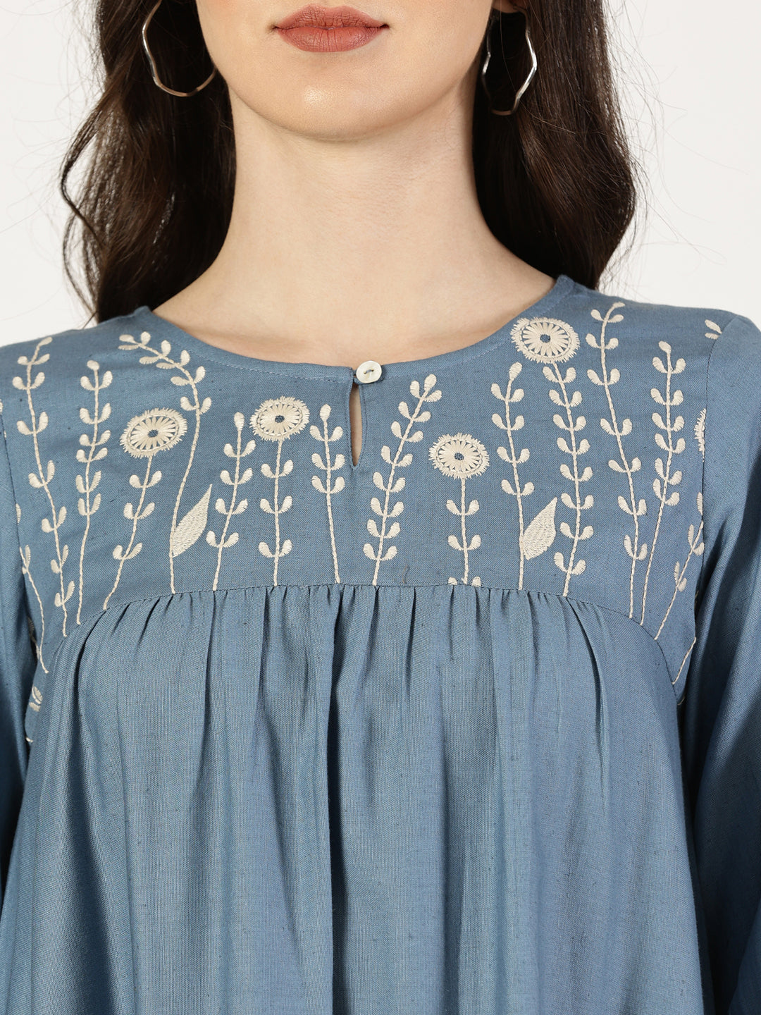 Blue Cotton Linen Embroidered Dress with Lace