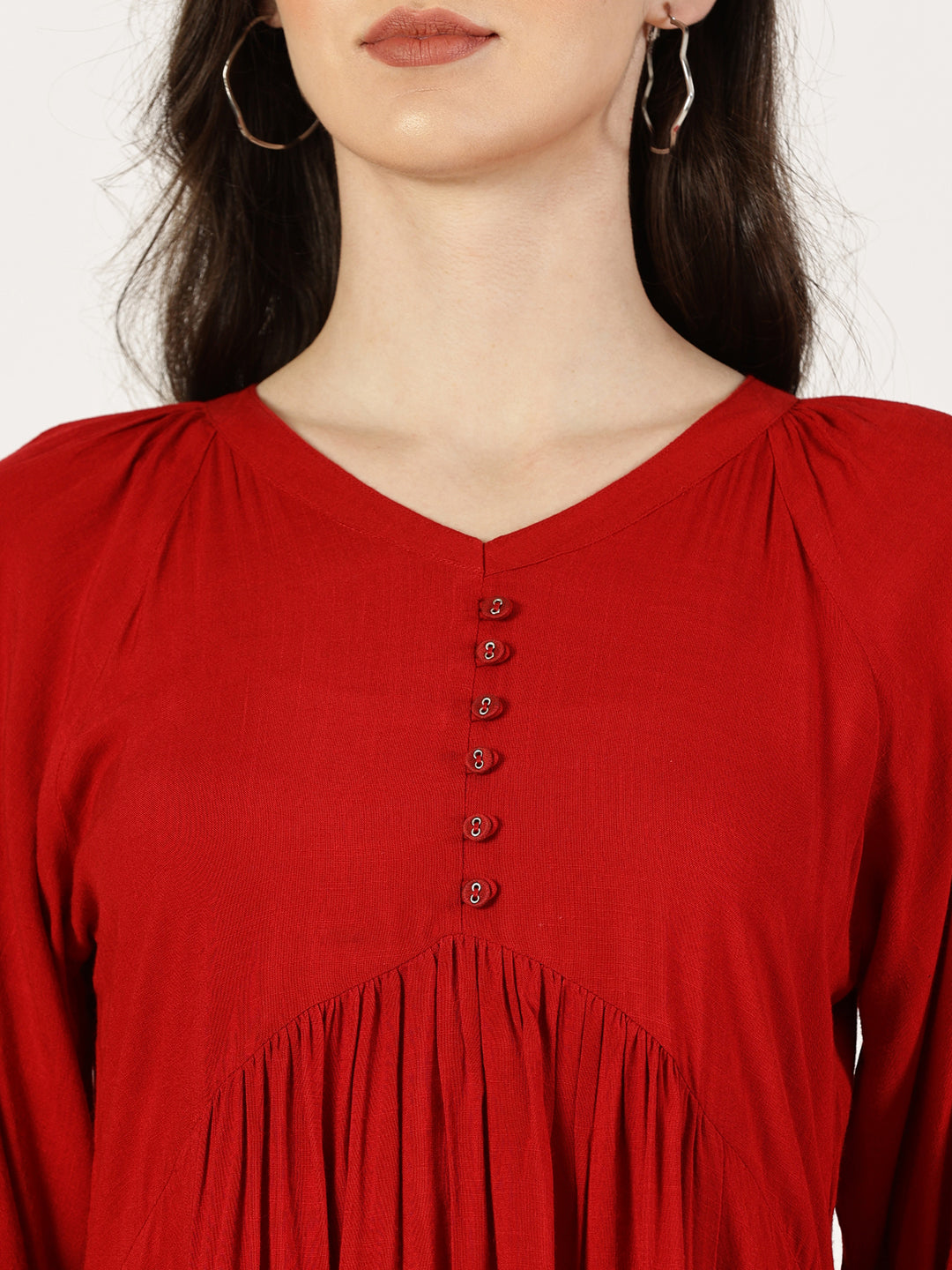 Red Rayon Slub Dress with Gathers