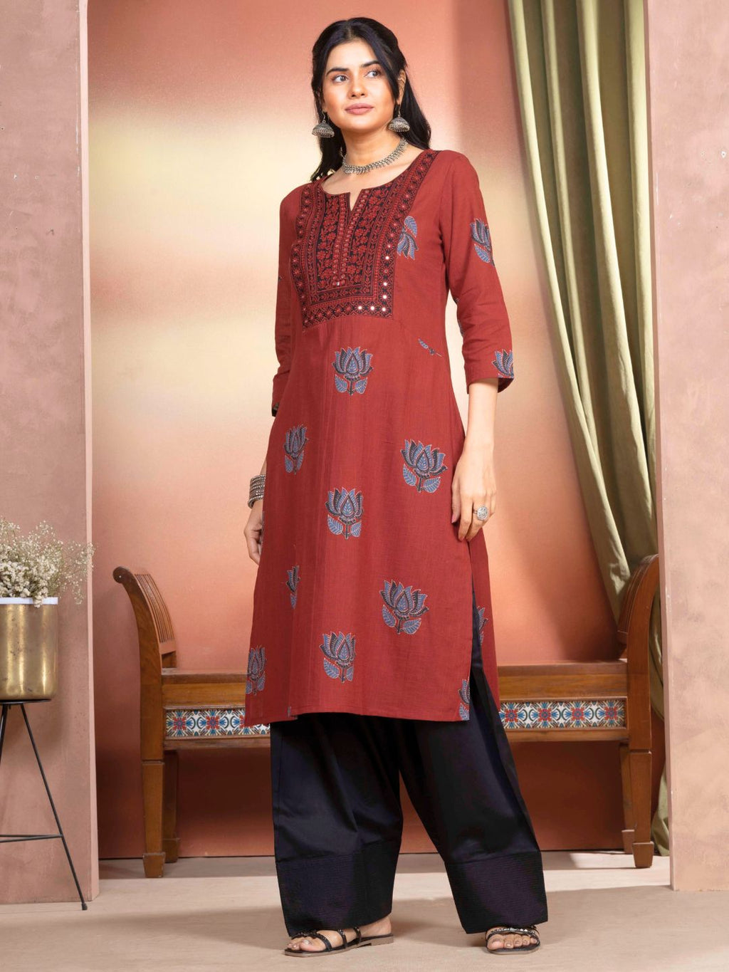 Rust Cotton Motif Print Straight Kurta with Embroidered Neckline